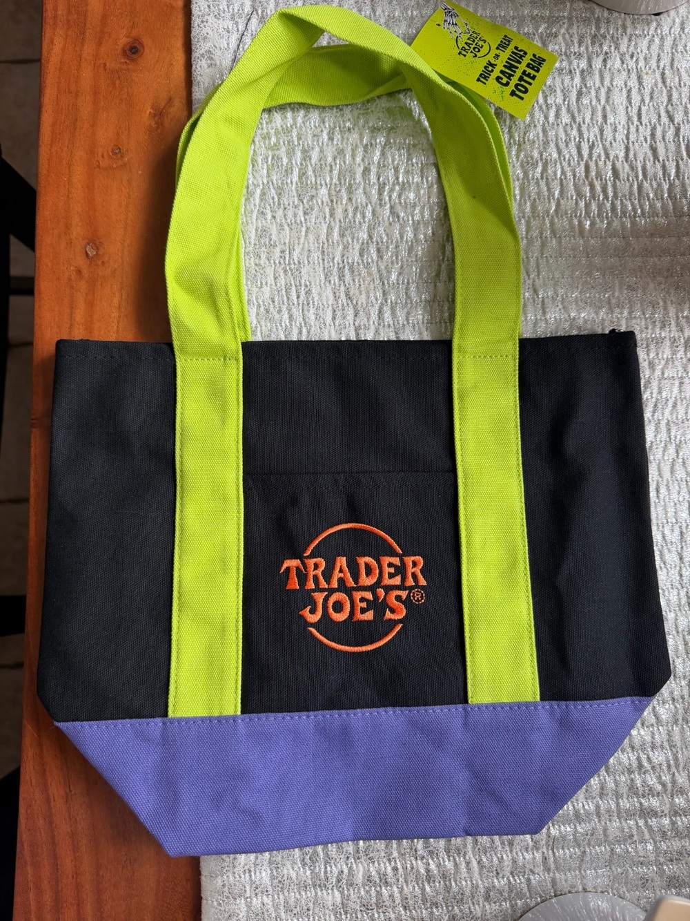 NWT LIMITED EDITION TJ Black and Lime Green Canvas mini Tote with Purple Base